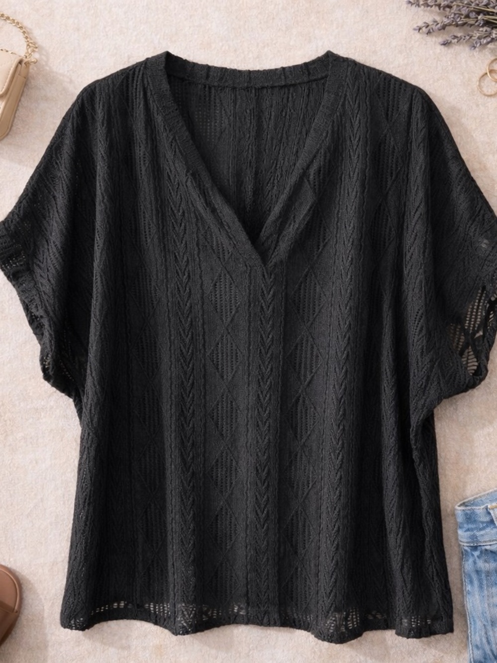 SHEIN Black Textured Open Knit Boho Top Sheer V-Neck Short Sleeve